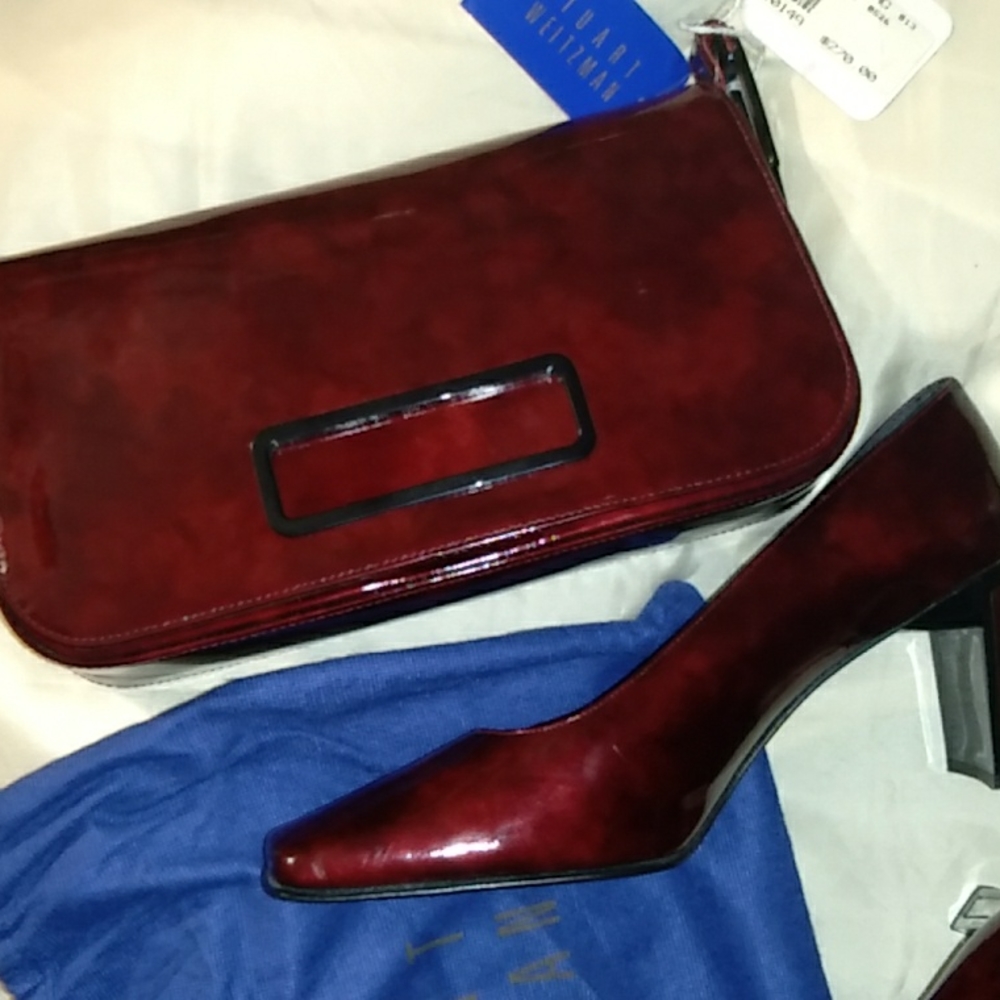Stuart Weitzman NWT Garnet marble purse and shoes